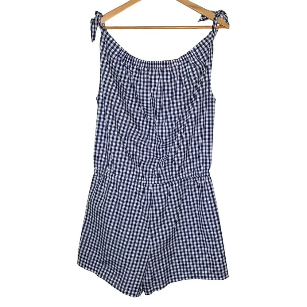 Tory Burch Navy White Gingham Tie Strap Cotton Romper NWT L